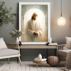 May include: A framed painting of a man in a white robe standing in a doorway with a light shining behind him.