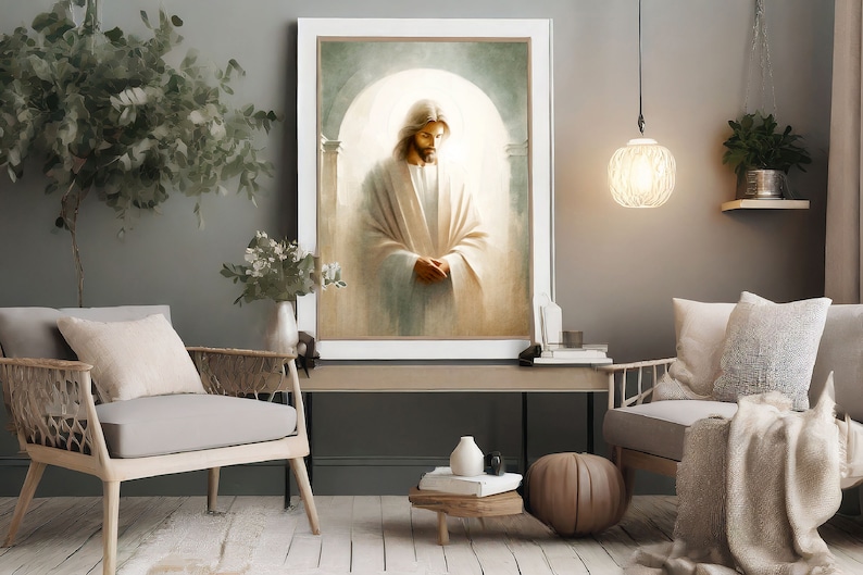 May include: A framed painting of a man in a white robe standing in a doorway with a light shining behind him.
