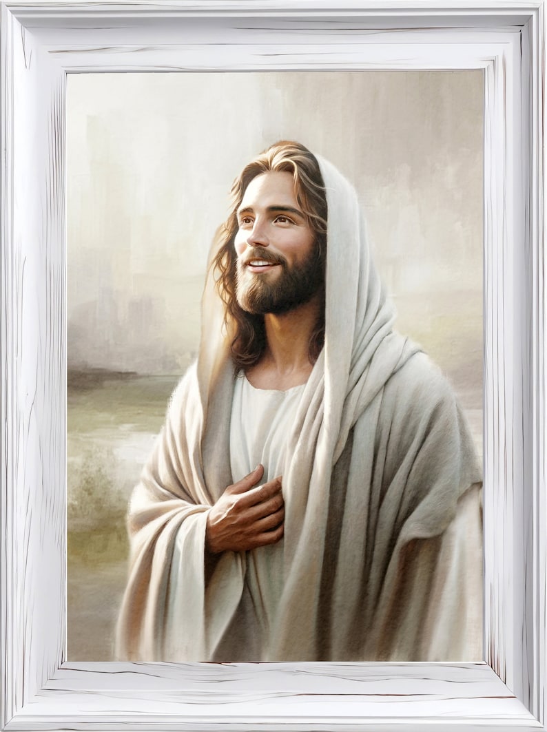 K&ouml;nnte beinhalten: Ein Gem&auml;lde von Jesus Christus mit einem wei&szlig;en Gewand und langen braunen Haaren, der mit einem L&auml;cheln nach oben blickt. Der Hintergrund ist ein hellblauer Himmel mit Wolken.