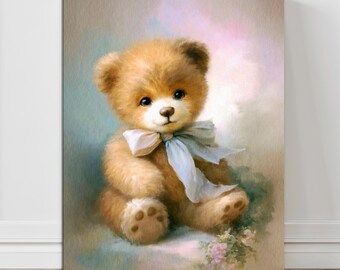Vintage Teddy Bear Painting, Nursery Wall Art, Whimsical Bear