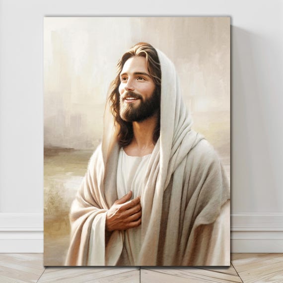 喜びに満ちたキリストの肖像：宗教的な室内装飾、微笑むイエス