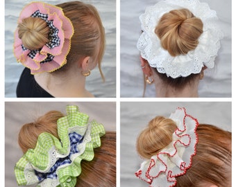 Übergroßes großes Double Layer Hair Scrunchie, 13 helle Farben und Muster, Gingham Karo Tartan, französische Spitze, englische Lochstickerei