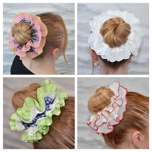 Oversized Large Double Layer Hair Scrunchie, 13 Bright Colours & Patterns, Gingham Check Tartan, Frilly French Lace, Broderie Anglaise