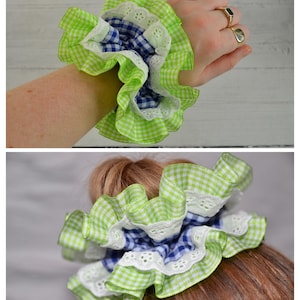 Oversized Large Double Layer Hair Scrunchie, 13 Bright Colours & Patterns, Gingham Check Tartan, Frilly French Lace, Broderie Anglaise image 7