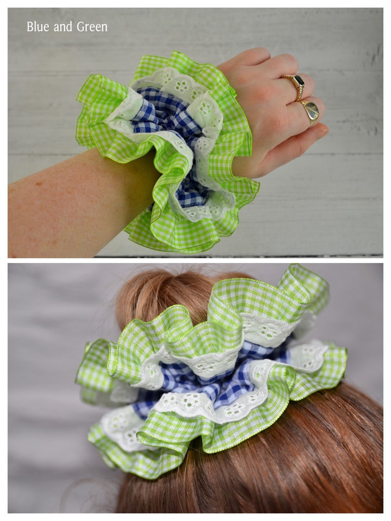 Oversized Large Double Layer Hair Scrunchie, 13 Bright Colours & Patterns, Gingham Check Tartan, Frilly French Lace, Broderie Anglaise image 7