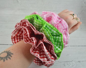 Oversized Large Double Layer Hair Scrunchie, 5 Bright Colours, Gingham Check, Frilly French Lace