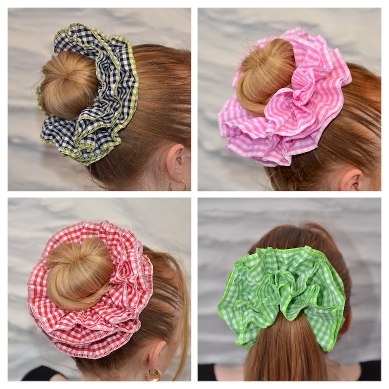 Oversized Large Double Layer Hair Scrunchie, 13 Bright Colours & Patterns, Gingham Check Tartan, Frilly French Lace, Broderie Anglaise image 2