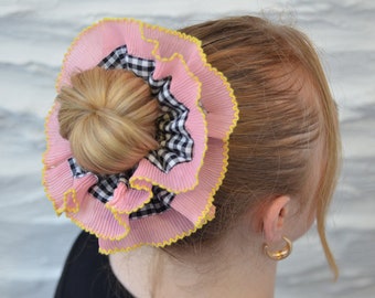 Oversized Large Double Layer Hair Scrunchie, Bright Colours, Gingham Check, Broderie Anglaise Frilly French Lace