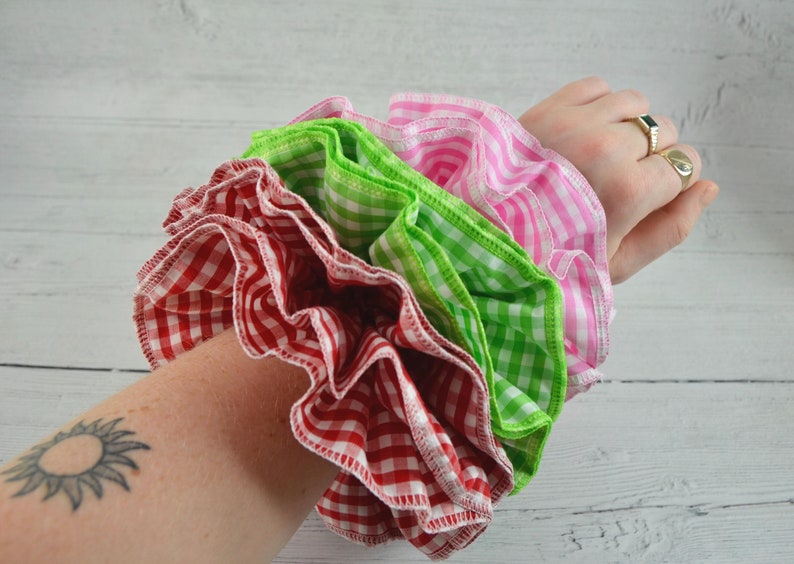 Oversized Large Double Layer Hair Scrunchie, 13 Bright Colours & Patterns, Gingham Check Tartan, Frilly French Lace, Broderie Anglaise image 3