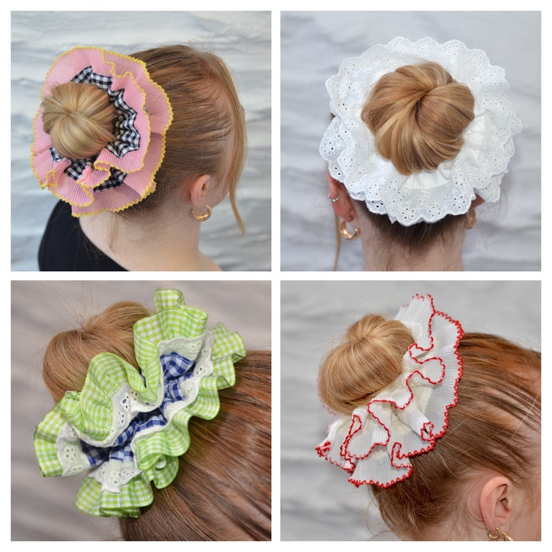 Oversized Large Double Layer Hair Scrunchie, 13 Bright Colours & Patterns, Gingham Check Tartan, Frilly French Lace, Broderie Anglaise image 1