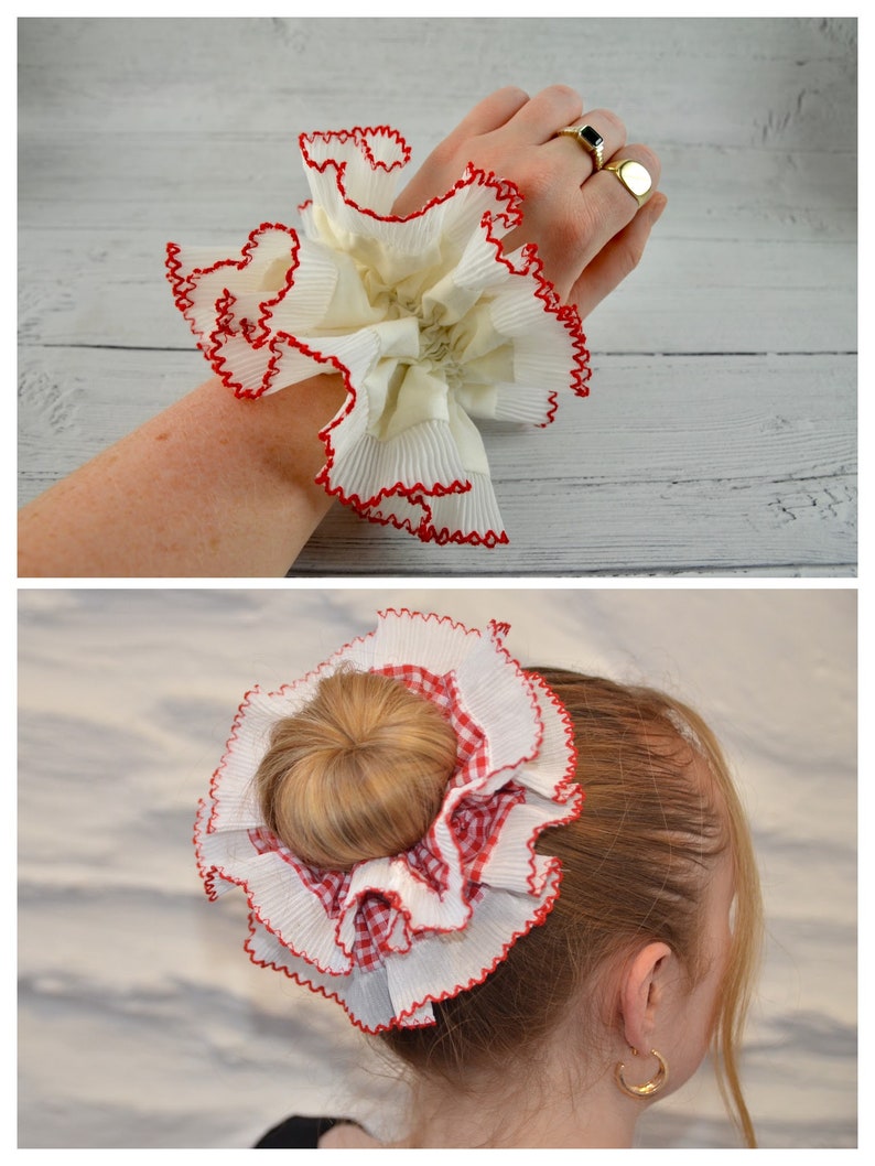 Oversized Large Double Layer Hair Scrunchie, 13 Bright Colours & Patterns, Gingham Check Tartan, Frilly French Lace, Broderie Anglaise image 8