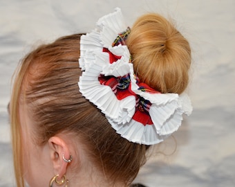 Oversized Large Double Layer Hair Scrunchie, Black & White with Red, Gingham Check, Scottish Tartan, Broderie Anglaise Frilly French Lace
