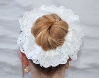 Oversized Large Double Layer Hair Scrunchie, Black and White, Broderie Anglaise Frilly French Lace