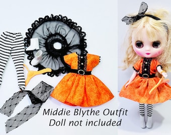 Middie Blythe Doll Clothes Orange and Black dress, slip, tights and accessories. Doll Not Included