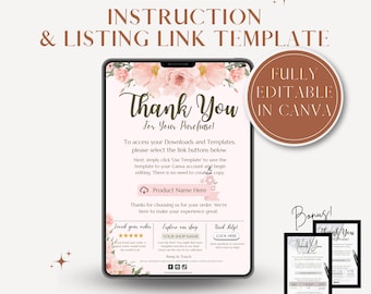 Plantilla de agradecimiento por compra, plantilla de instrucciones de descarga digital, producto digital Canva, enlace de plantilla, página de enlace, enlace editable de Canva