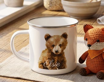 Custom Bear Enamel Mug for Toddlers, Personalized Kids Camping Cup, Watercolor Baby Brown Bear Drinkware, Custom Name Mug, Gift for Kids