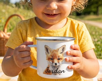Personalized Kids Camping Mug, Custom Name Fox Enamel Mug for Toddlers, Woodland Animal Camp Cup, Baptism Gift for Child, Toddler Cup
