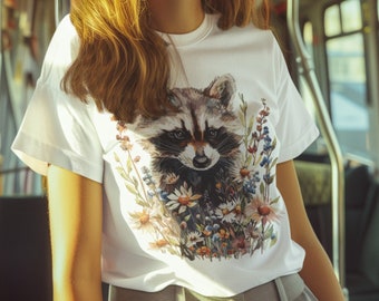 Floral Raccoon T-Shirt, Botanical Trash Panda Graphic Tee, Cottagecore Raccoon Art, Wildflower Animal Shirt, Forest Nature Lover Gift