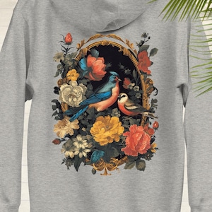 Floral Bird Back Print Hoodie, Cottagecore Hoodie, Bird Hoodie, Vintage Floral Hoodie, Autumn Hoodie, Bird Sweatshirt, Forestcore Sweater