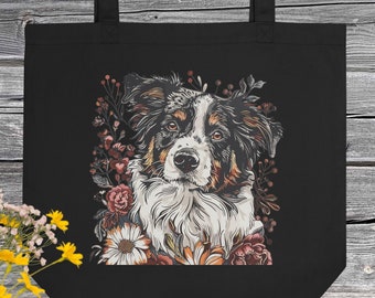 Floral Australian Shepheard Eco Tote Bag, Australian Shepheard Mom Shopping Bag, Aussie Tote, Aussie Gift, Aussie Organic Cotton Tote Bag