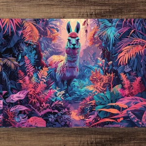 Lamamuurkunst • Kleurrijk jungleportret van een lama • Abstracte lamakunst • Weelderig en levendig junglelandschap • Digitale kunstafdruk op canvas