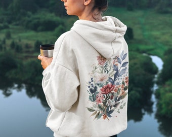 Cottagecore Wildflower Hoodie, Boho Pressed Flower Sweatshirt, Gardening Hoodie, Botanical Pullover, Forestcore Hoodie, Back Print Hoodie