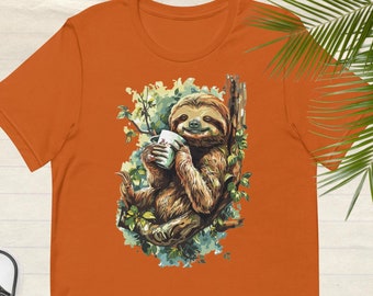 Funny Sloth Coffee Shirt, Slow Morning Graphic Tee, Coffee Lover Gift, Caffeine Addict Sloth Top, Lazy Morning Apparel, Cute Animal Barista