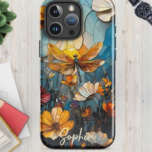 Custodia per telefono resistente con effetto vetro colorato con libellula e fiore personalizzata, custodia per iPhone 16 15 14 13 12 11, cover personalizzata con libellula, custodia con fiore