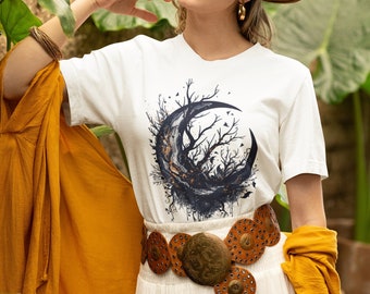 Crescent Moon T-shirt, Forest Witch T-shirt, Moon phase Tee, Celestial shirt, Forestcore tee, Witchcore tee, Graphic Pagan shirt, Fairy core
