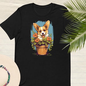 Camiseta Corgi Lindo Corgi en una maceta Impresión digital Camiseta Corgi Camiseta gráfica Regalo para amante de Corgi Funny Dog Graphic Tee Linda camiseta unisex