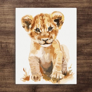 Jungle Nursery Wall Art Lion Cub Wall Print Baby Lion Watercolor Painting Digital Art Print on Canvas Wild Nursery Wall Decor Jungle Print