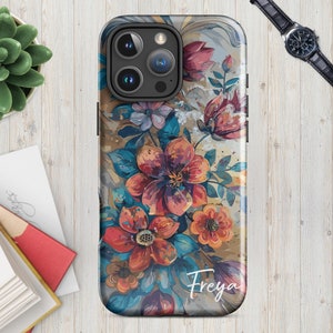 Aangepaste vintage bloem stoer hoesje voor iPhone®, gepersonaliseerd iPhone-hoesje met bloemen, telefoonhoesje botanisch lentethema, bohobloem iPhone-hoesje