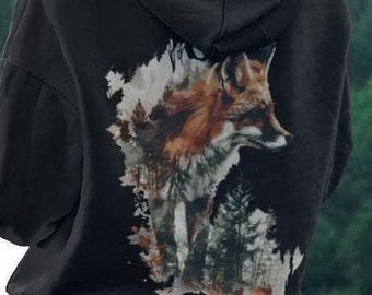 Fuchs Hoodie, Distressed Fox Back Print Sweatshirt, Wald Grafik Hoodie, Tier Hoodie, Forestcore Pullover, Folklore Fuchs Sweatshirt