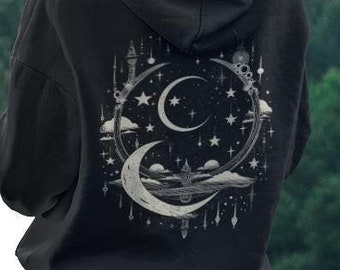 Sudadera con capucha de luna creciente, sudadera con capucha de luna y estrellas, sudadera con capucha con estampado celestial en la espalda, suéter de bruja, sudadera con estrellas, sudadera con capucha con gráfico pagano, sudadera con capucha de otoño
