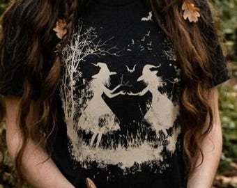 Witchy Silhouette T-Shirt, Gothic Forest Sisters Graphic Tee, Dark Cottagecore Aesthetic Shirt, Mystical Moonlit Witches Halloween Apparel