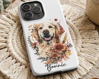 Custom Golden Retriever Phone Case | Floral Dog Cover | Personalized Pet Portrait | Boho iPhone 18 Pro Tough Case | Samsung Galaxy Name Gift