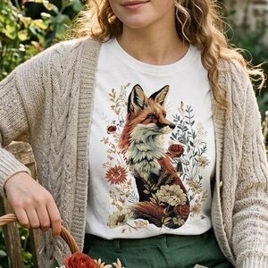 Vintage Fox Shirt, Forestcore Graphic Tee, Woodland Animal Art, Cottagecore Fox Gift, Storybook Style Nature Top, Dark Forest Fox Apparel image 1