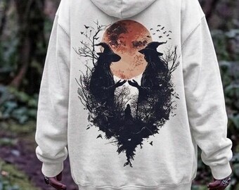 Full Moon Witch Hoodie, Autumn Sweatshirt,  Abstract Art Back Print Hoodie, Occult Hoodie, Festival Hoodie, Wicca Clothing, Halloween Hoodie