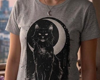 Black Cat Crescent Moon T-Shirt, Celestial Feline Tee, Witchy Lunar Top, Mystical Cat Lover Gift, Goth Night Sky Apparel, Witchcore Shirt