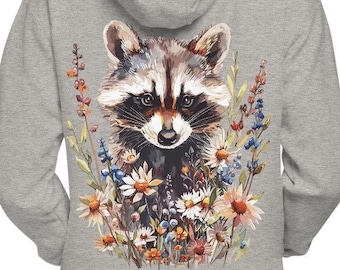 Bluza z kapturem z kwiatowym motywem szopa, bluza z kapturem z nadrukiem z tyłu, bluza z kapturem Cottagecore Raccoon, prezent dla miłośnika szopa, bluza z kapturem w kwiaty Boho, bluza z kapturem dla miłośników zwierząt