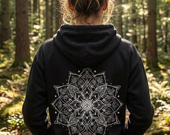 Boho Mandala Hoodie | Whimsigoth Lotus Pullover | Mystic Geometric Art | Witchy Aesthetic Sweatshirt | White Spiritual Top, Yoga Hoodie