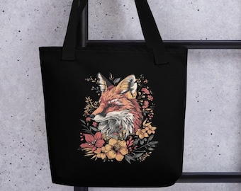 Cottagecore Fox Tote Bag, Cute Fox Shopping Bag, Forestcore Tote Bag, Gift for Fox Lover, Floral Animal Black Tote Bag, Nature Lover Gift