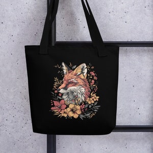 Cottagecore Fox Tote Bag, Cute Fox Shopping Bag, Forestcore Tote Bag, Gift for Fox Lover, Floral Animal Black Tote Bag, Nature Lover Gift