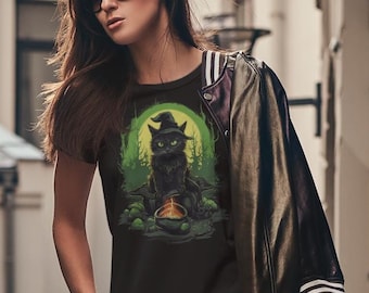 Halloween Cat T-shirt, Witch Black Cat Top, Autumn Cat T-shirt, Halloween Gift Shirt, Cat Lover Shirt, Halloween Spooky Top, Cat Mom Shirt