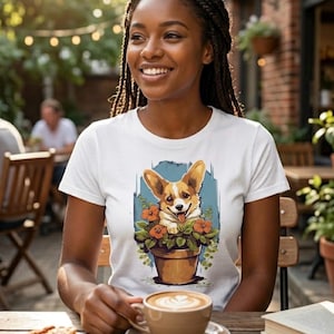 Corgi T-Shirt, Corgi in Flower Pot, Gardening Dog Mom Shirt, Botanical Corgi Gift, Flower Dog Tee, Cute Puppy Art, Plant Lover Dog Shirt