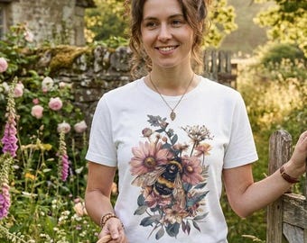 Floral Bumblebee Shirt, Cottagecore Bee Tee, Nature Lover Gift, Botanical Bee Art, Florist Gift, Gardener Apparel, Honey Bee Top, Women