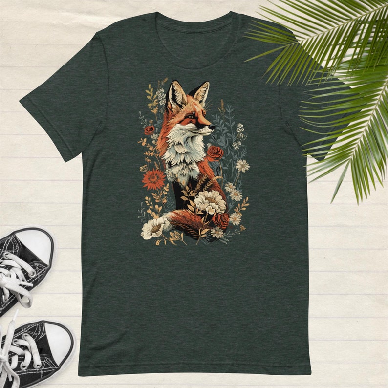 Vintage Style Fox T-shirt Forestcore Tee Graphic Fox Tee Vintage looking Fox in Flowers Tee Gift Fox Lover