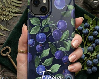 Custom Blueberry Phone Case | Dark Botanical MagSafe 18 iPhone Cover | Personalized Cottagecore Samsung Tough Case | Moody Fruit Nature Gift