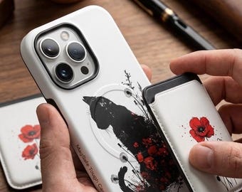 Custom Black Cat Phone Case | MagSafe iPhone Case | Personalized Floral Feline Cover | Red Poppy Pet Art | Samsung Galaxy Tough Case