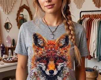 花柄のキツネ柄シャツ、コテージコア風キツネ柄Tシャツ、キツネ好きへのギフト、森の動物アート、植物柄のキツネ柄トップス、森の野生動物グラフィック、男女兼用アパレル